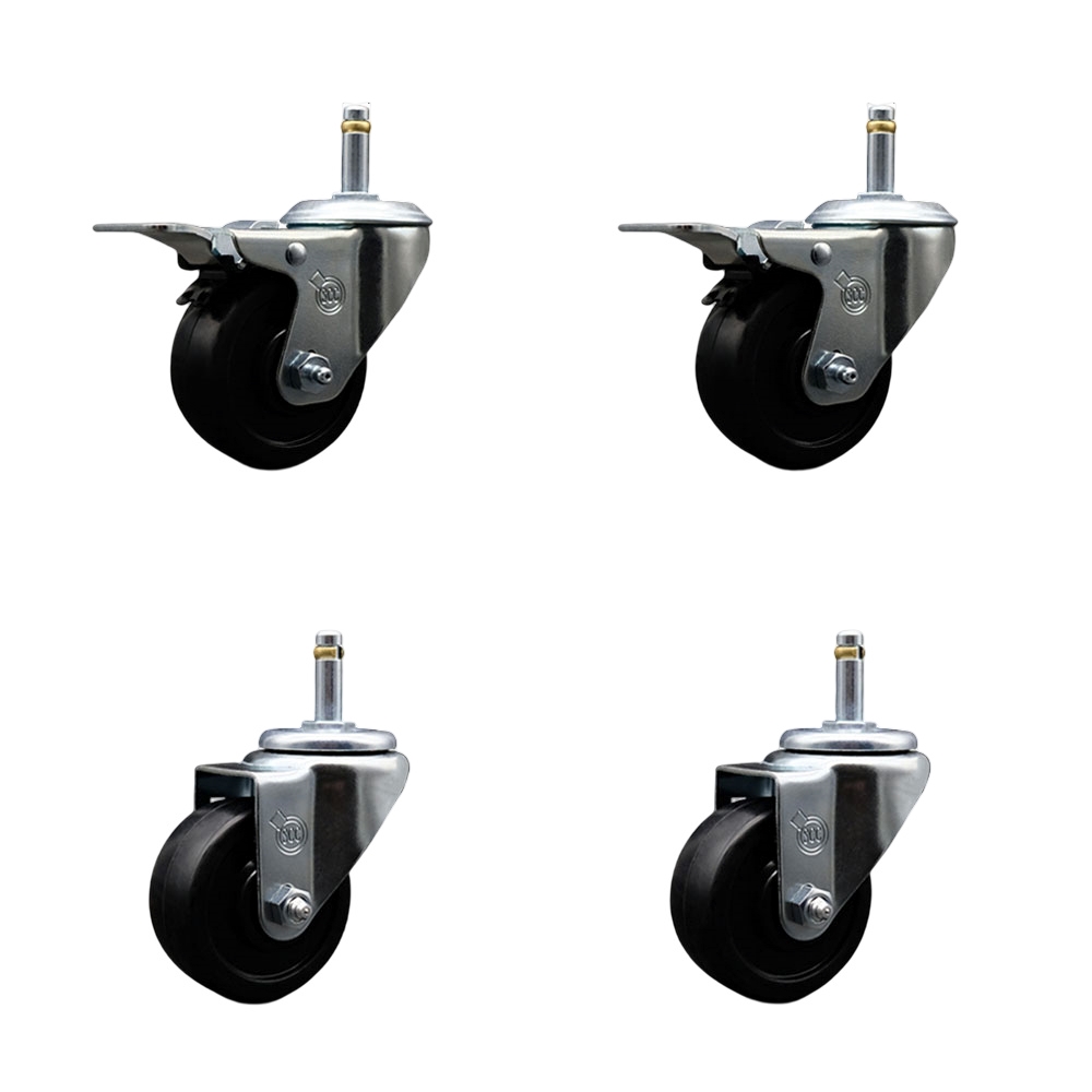 Soft Rubber Swivel Grip Ring Stem Caster Set of 4 w/3" x 1.25" Black Wheels and 7/16" Stems - Includes 2 with Total Locking Brake - 700 lbs Total Capacity - Service Caster Brand — photo 1