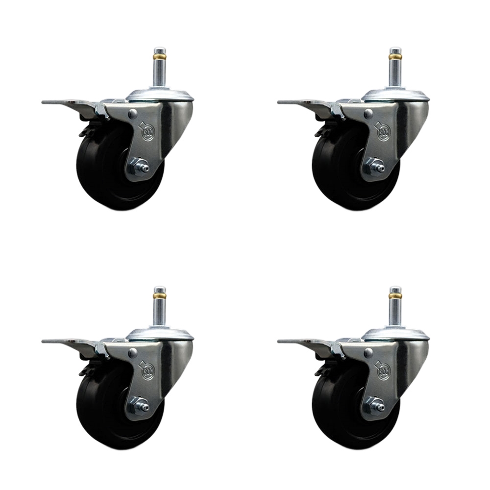 Soft Rubber Swivel Grip Ring Stem Caster Set of 4 w/3" x 1.25" Black Wheels and 7/16" Stems - Includes 4 with Total Lock Brakes - 700 lbs Total Capacity - Service Caster Brand — photo 1