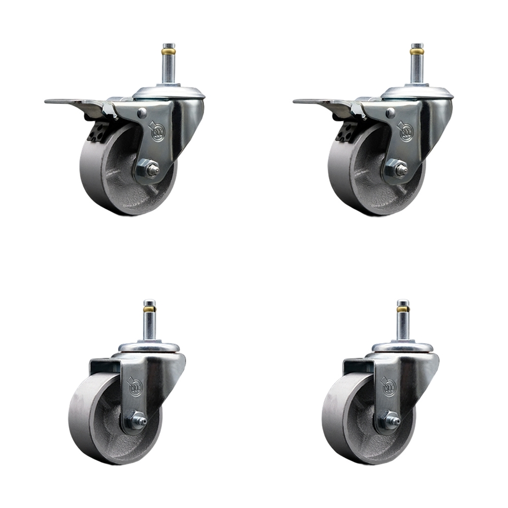 Semi Steel Cast Iron Swivel Grip Ring Stem Caster w/Roller Bearings Set of 4 - 3" x 1.5" Silver Wheels and 7/16" Stems-Includes 2 with Total Locking Brake-1200lbs Total Capacity - Service Caster Brand — photo 1