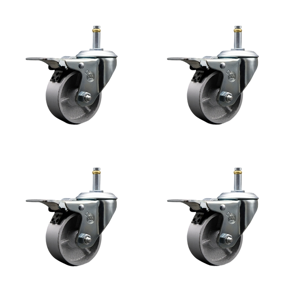 Semi Steel Cast Iron Swivel Grip Ring Stem Caster w/Roller Bearings Set of 4 w/3" x 1.5" Silver Wheels and 7/16" Stems -Includes 4 with Total Lock Brakes-1200 lbs Total Capacity - Service Caster Brand — photo 1
