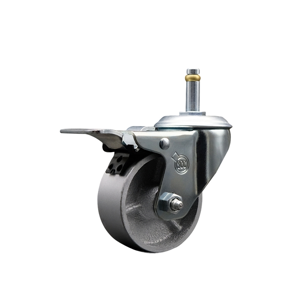 Semi Steel Cast Iron Swivel Grip Ring Stem Caster - 3" x 1.25" Silver Wheel and 7/16" Stem & Total Locking Brake - 300 lbs Capacity/Caster - Service Caster Brand — photo 1