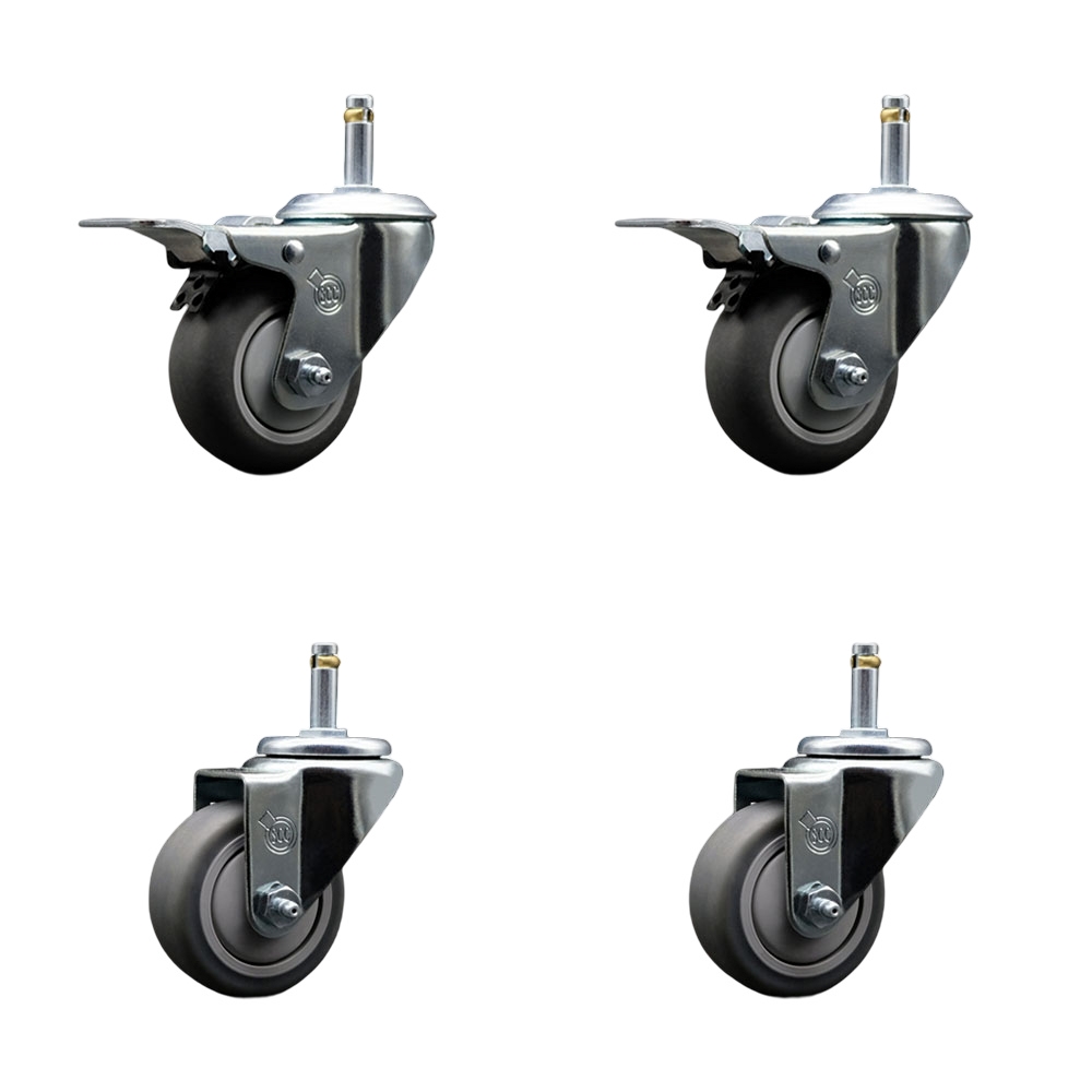 Thermoplastic Rubber Swivel Grip Ring Stem Caster Set of 4 - 3" x 1.25" Gray Wheels and 7/16" Stems - Includes 2 with Total Locking Brake - 840 lbs Total Capacity - Service Caster Brand — photo 1