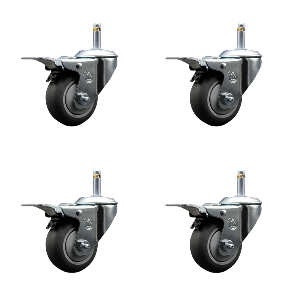 Thermoplastic Rubber Swivel Grip Ring Stem Caster Set of 4 w/3" x 1.25" Gray Wheels and 7/16" Stems - Includes 4 with Total Lock Brakes - 840 lbs Total Capacity - Service Caster Brand — photo 1