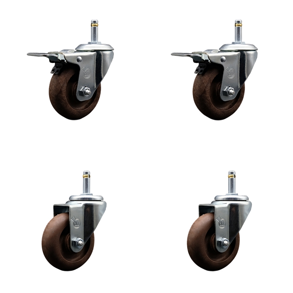 High Temp Glass Filled Nylon Swivel Grip Ring Stem Caster Set of 4 w/3.5" x 1.25" Brown Wheels and 7/16" Stems - Includes 2 with Total Locking Brake - 1400 lbs Total Capacity - Service Caster Brand — photo 1