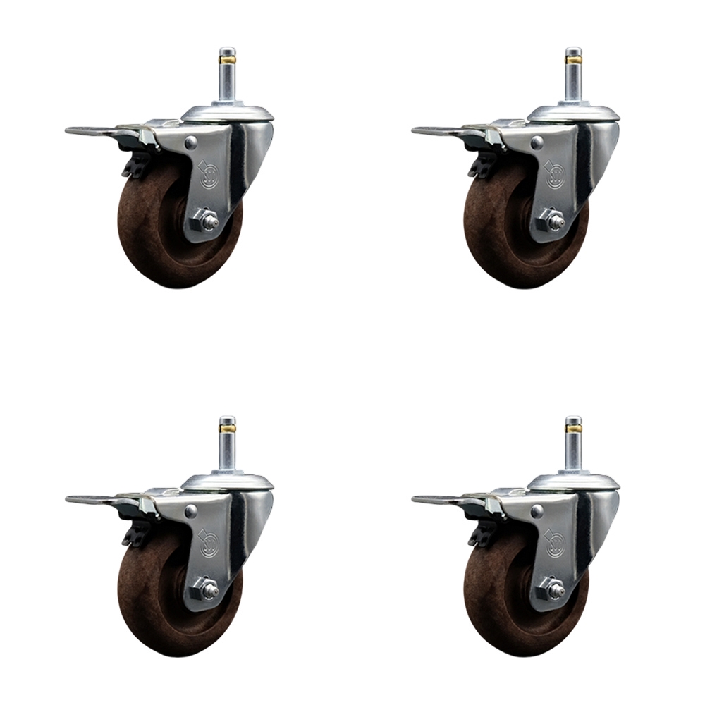High Temp Glass Filled Nylon Swivel Grip Ring Stem Caster Set of 4 w/3.5" x 1.25" Brown Wheels and 7/16" Stems - Includes 4 with Total Lock Brakes - 1400 lbs Total Capacity - Service Caster Brand — photo 1