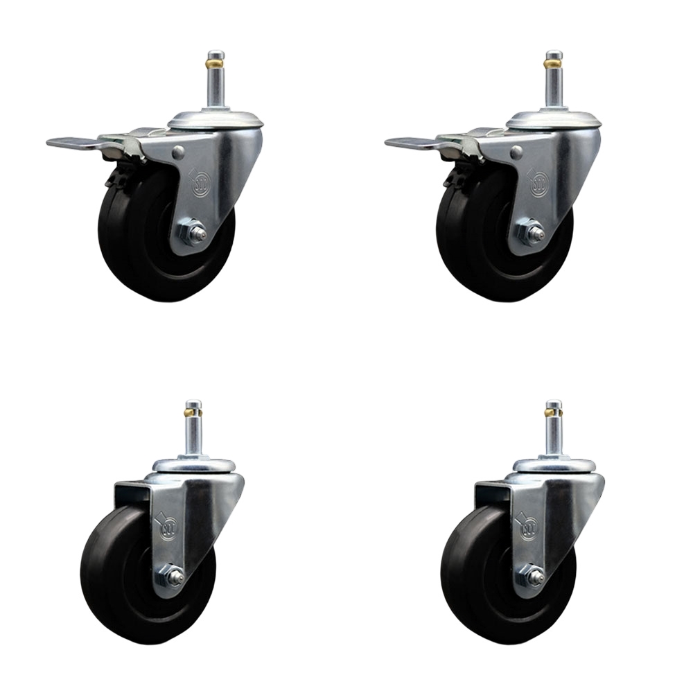 Hard Rubber Swivel Grip Ring Stem Caster Set of 4 w/3.5" x 1.25" Black Wheels and 7/16" Stems - Includes 2 with Total Locking Brake - 1140 lbs Total Capacity - Service Caster Brand — photo 1