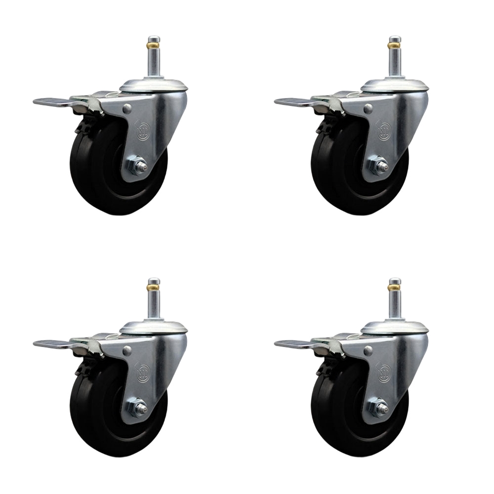 Hard Rubber Swivel Grip Ring Stem Caster Set of 4 w/3.5" x 1.25" Black Wheels and 7/16" Stems - Includes 4 with Total Lock Brakes - 1140 lbs Total Capacity - Service Caster Brand — photo 1