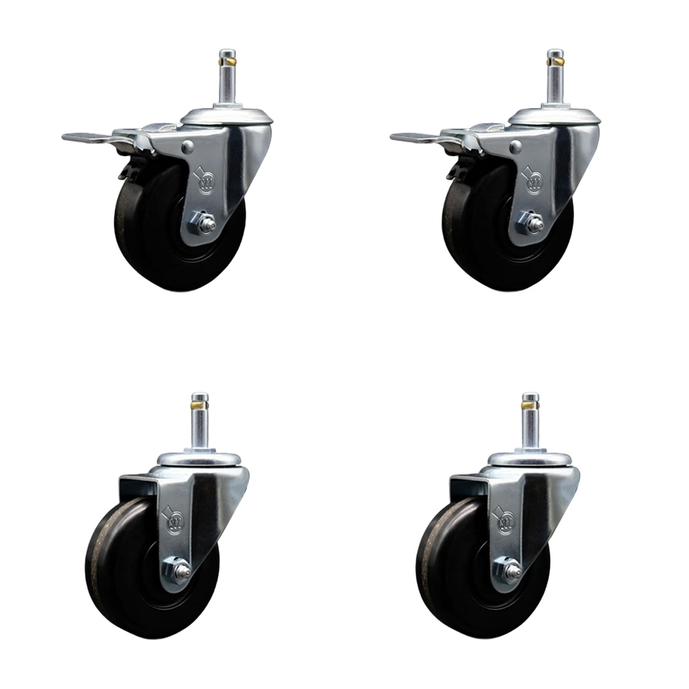 Phenolic Swivel Grip Ring Stem Caster Set of 4 - 3.5" x 1.25" Black Wheels and 7/16" Stems - Includes 2 with Total Locking Brake - 1200 lbs Total Capacity - Service Caster Brand — photo 1
