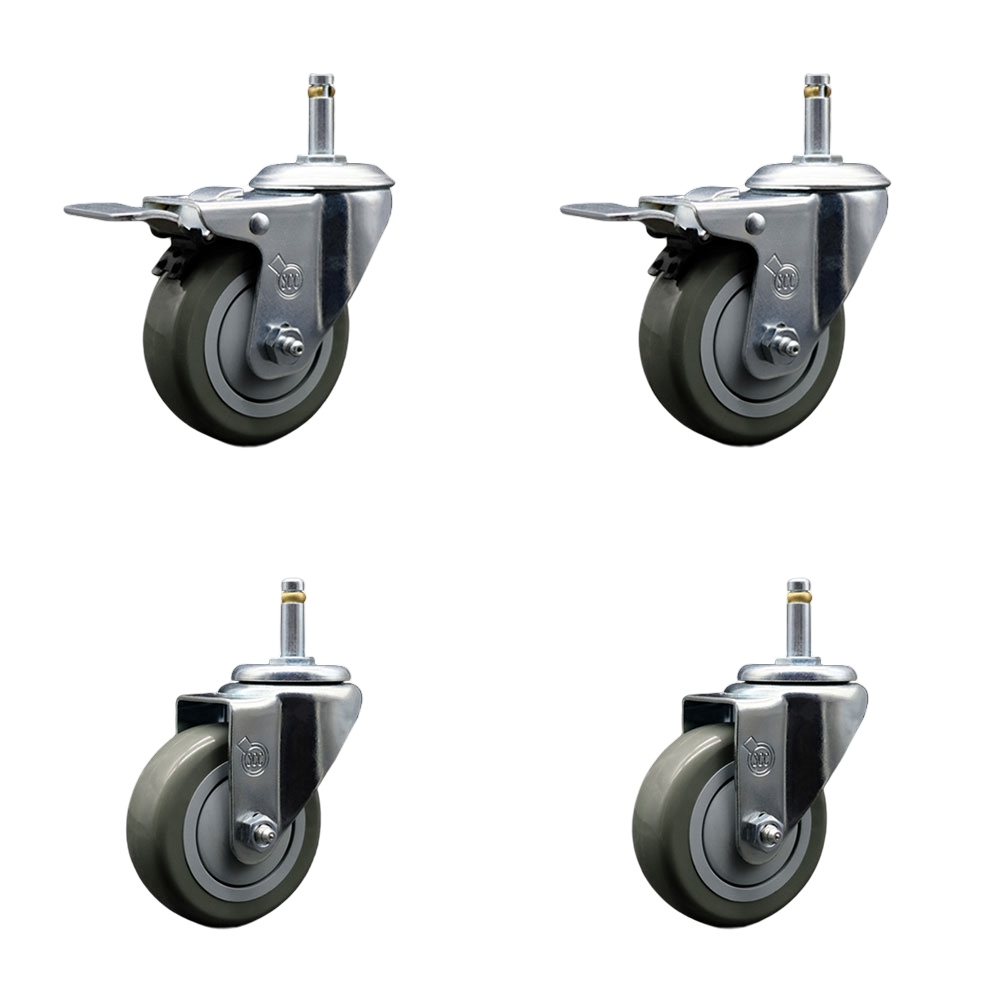 Polyurethane Swivel Grip Ring Stem Caster Set of 4 w/3.5" x 1.25"  Gray Wheels and 7/16" Stems - Includes 2 with Total Locking Brake - 1200 lbs Total Capacity - Service Caster Brand — photo 1