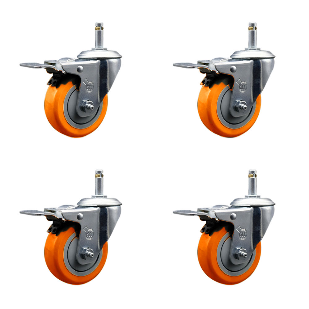 Polyurethane Swivel Grip Ring Stem Caster Set of 4 w/3.5" x 1.25" Orange Wheels and 7/16" Stems - Includes 4 with Total Lock Brakes - 1200 lbs Total Capacity - Service Caster Brand — photo 1