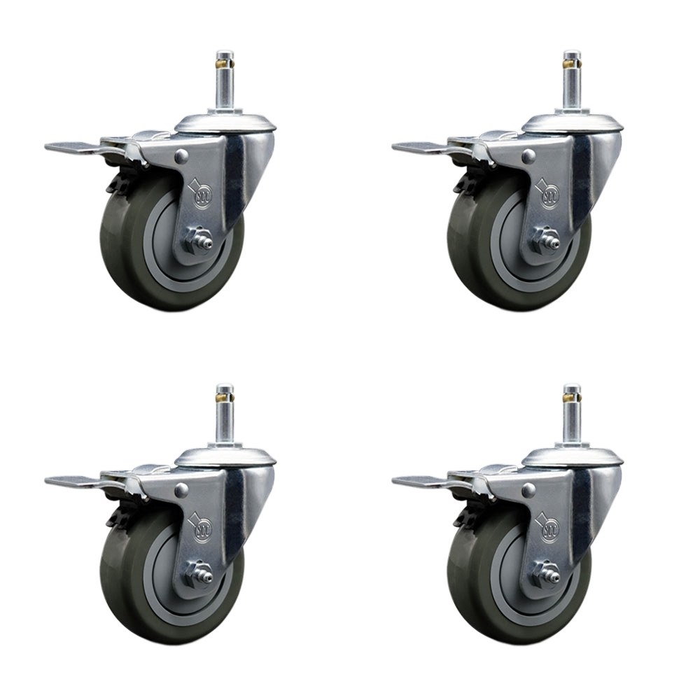 Polyurethane Swivel Grip Ring Stem Caster Set of 4 w/3.5" x 1.25" Gray Wheels and 7/16" Stems - Includes 4 with Total Lock Brakes - 1200 lbs Total Capacity - Service Caster Brand — photo 1