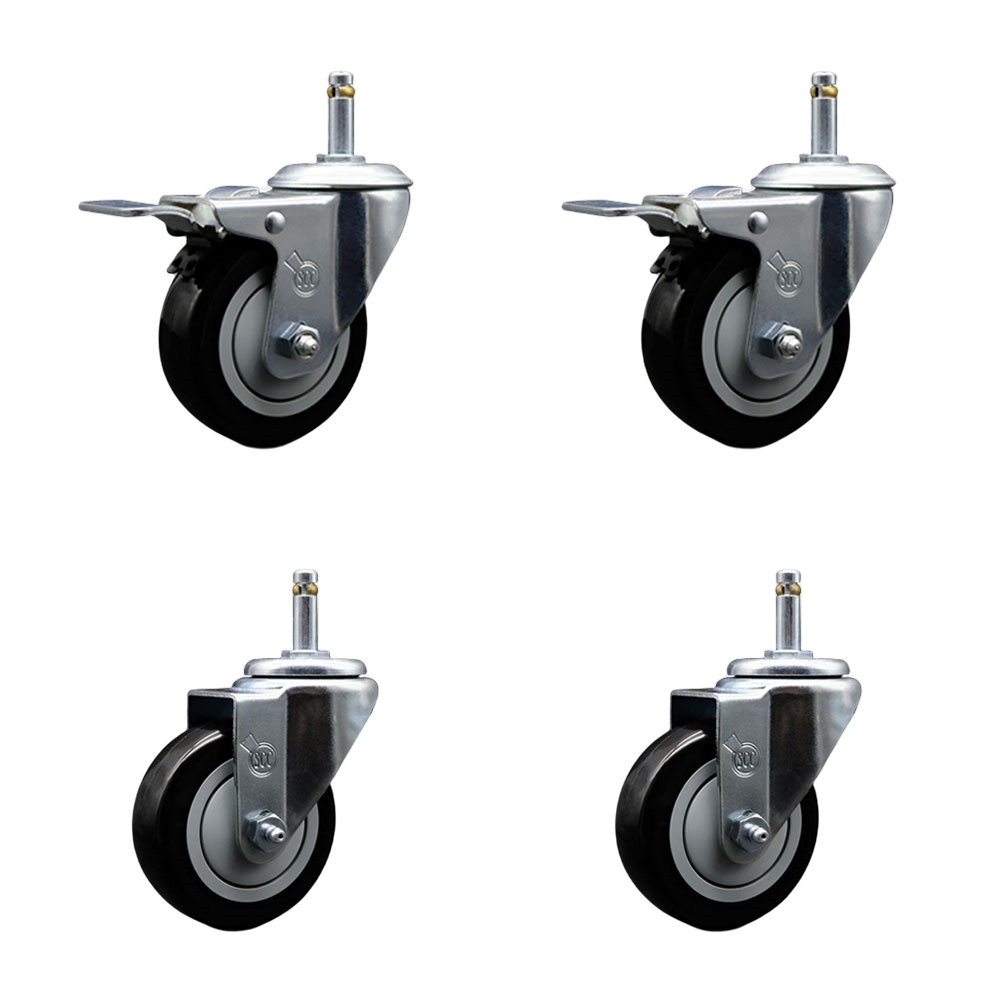 Polyurethane Swivel Grip Ring Stem Caster Set of 4 w/3.5" x 1.25"  Black Wheels and 7/16" Stems - Includes 2 with Total Locking Brake - 1200 lbs Total Capacity - Service Caster Brand — photo 1