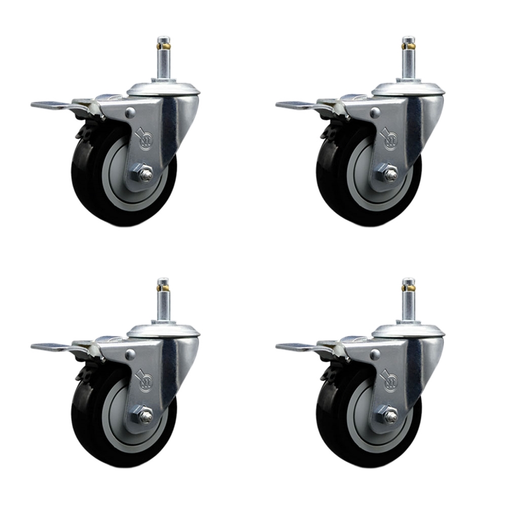 Polyurethane Swivel Grip Ring Stem Caster Set of 4 w/3.5" x 1.25" Black Wheels and 7/16" Stems - Includes 4 with Total Lock Brakes - 1200 lbs Total Capacity - Service Caster Brand — photo 1