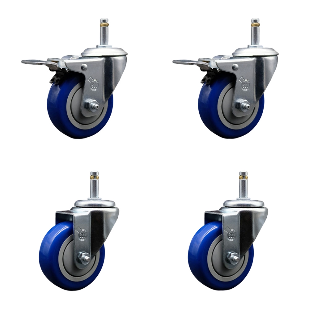 Polyurethane Swivel Grip Ring Stem Caster Set of 4 w/3.5" x 1.25"  Blue Wheels and 7/16" Stems - Includes 2 with Total Locking Brake - 1200 lbs Total Capacity - Service Caster Brand — photo 1