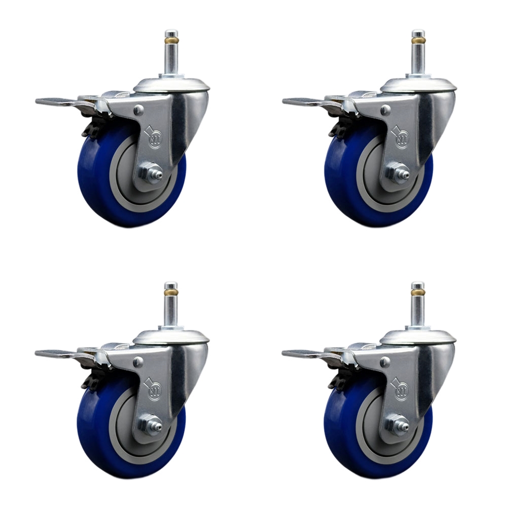 Polyurethane Swivel Grip Ring Stem Caster Set of 4 w/3.5" x 1.25" Blue Wheels and 7/16" Stems - Includes 4 with Total Lock Brakes - 1200 lbs Total Capacity - Service Caster Brand — photo 1