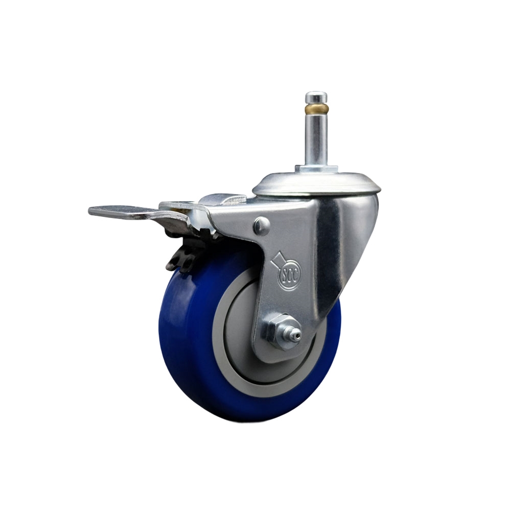 Polyurethane Swivel Grip Ring Stem Caster w/3.5" x 1.25"  Blue Wheel and 7/16" Stem & Total Locking Brake - 300 lbs Capacity/Caster - Service Caster Brand — photo 1