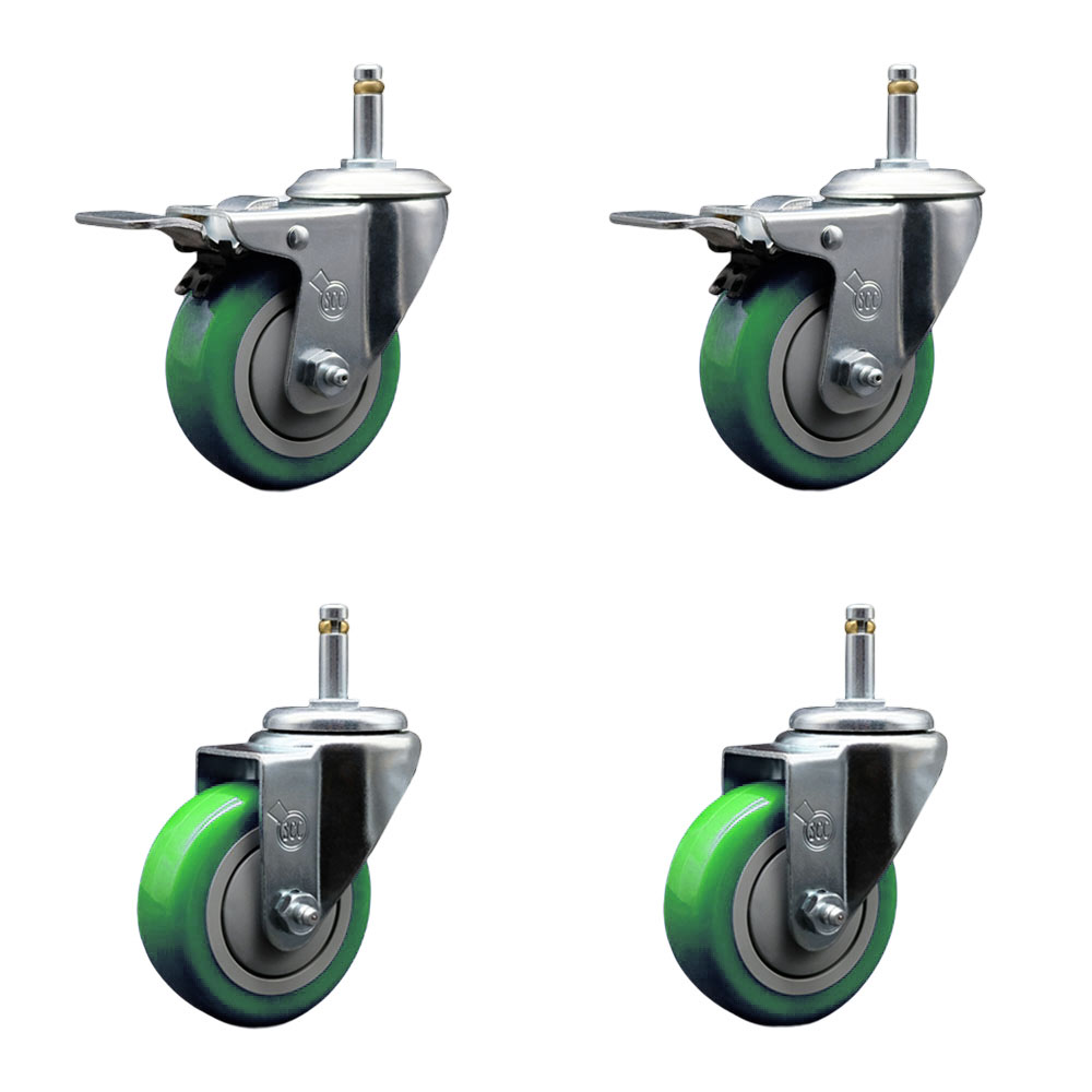 Polyurethane Swivel Grip Ring Stem Caster Set of 4 w/3.5" x 1.25"  Green Wheels and 7/16" Stems - Includes 2 with Total Locking Brake - 1200 lbs Total Capacity - Service Caster Brand — photo 1
