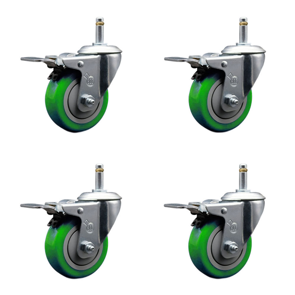 Polyurethane Swivel Grip Ring Stem Caster Set of 4 w/3.5" x 1.25" Green Wheels and 7/16" Stems - Includes 4 with Total Lock Brakes - 1200 lbs Total Capacity - Service Caster Brand — photo 1
