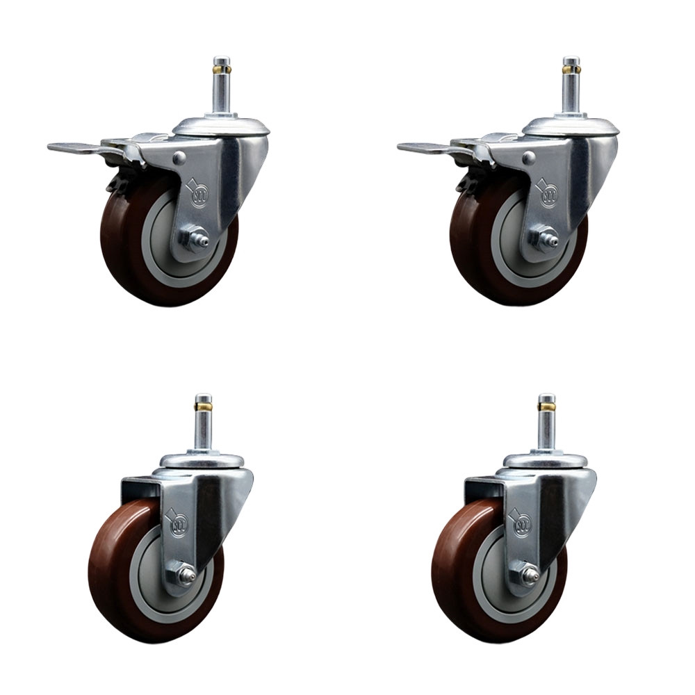 Polyurethane Swivel Grip Ring Stem Caster Set of 4 w/3.5" x 1.25"  Maroon Wheels and 7/16" Stems - Includes 2 with Total Locking Brake - 1200 lbs Total Capacity - Service Caster Brand — photo 1
