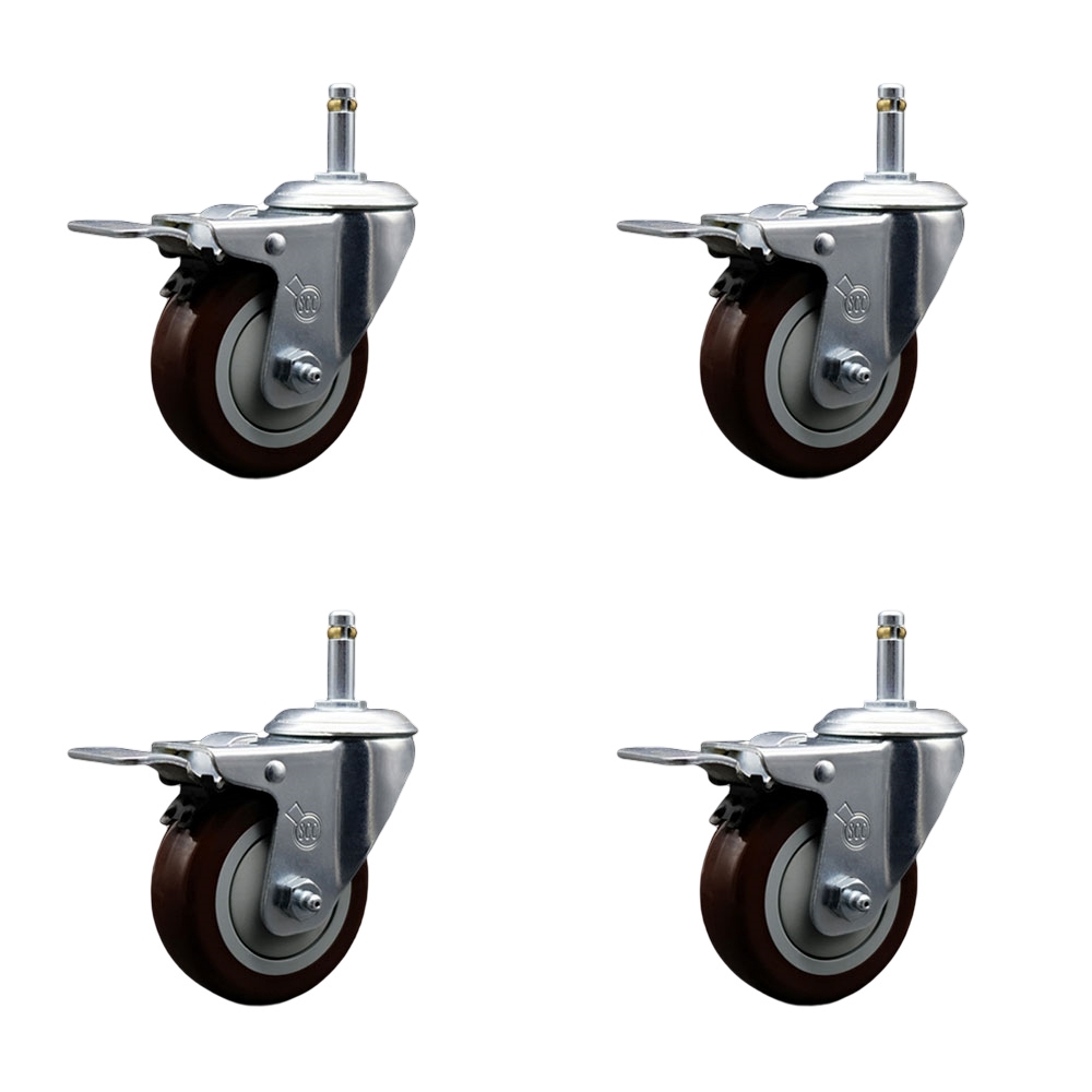 Polyurethane Swivel Grip Ring Stem Caster Set of 4 w/3.5" x 1.25" Maroon Wheels and 7/16" Stems - Includes 4 with Total Lock Brakes - 1200 lbs Total Capacity - Service Caster Brand — photo 1