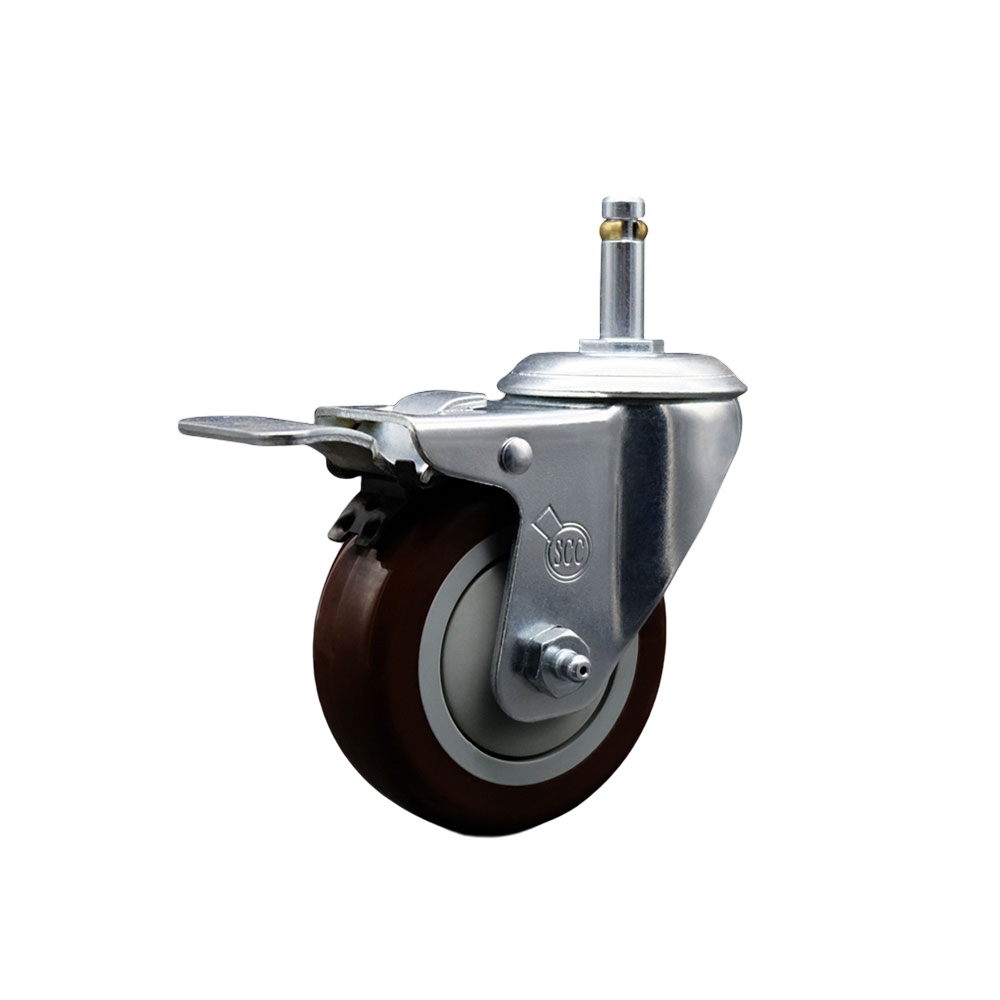 Polyurethane Swivel Grip Ring Stem Caster w/3.5" x 1.25"  Maroon Wheel and 7/16" Stem & Total Locking Brake - 300 lbs Capacity/Caster - Service Caster Brand — photo 1
