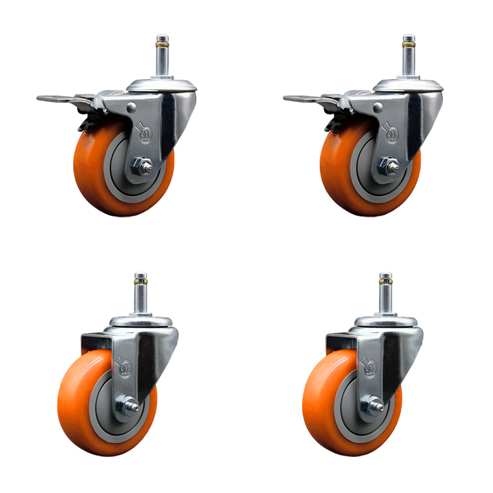 Polyurethane Swivel Grip Ring Stem Caster Set of 4 w/3.5" x 1.25"  Orange Wheels and 7/16" Stems - Includes 2 with Total Locking Brake - 1200 lbs Total Capacity - Service Caster Brand — photo 1