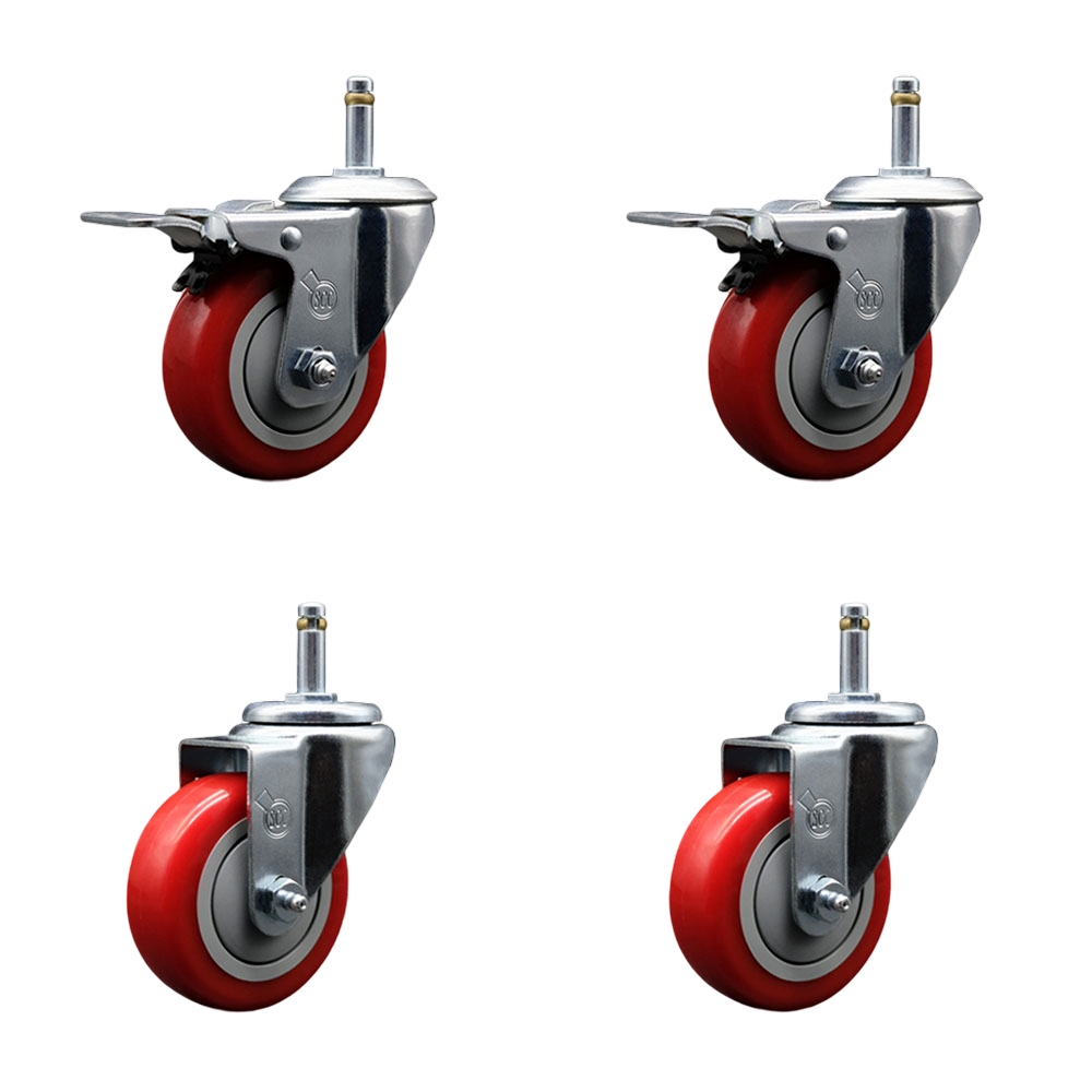 Polyurethane Swivel Grip Ring Stem Caster Set of 4 w/3.5" x 1.25" Red Wheels and 7/16" Stems - Includes 2 with Total Locking Brake - 1200 lbs Total Capacity - Service Caster Brand — photo 1
