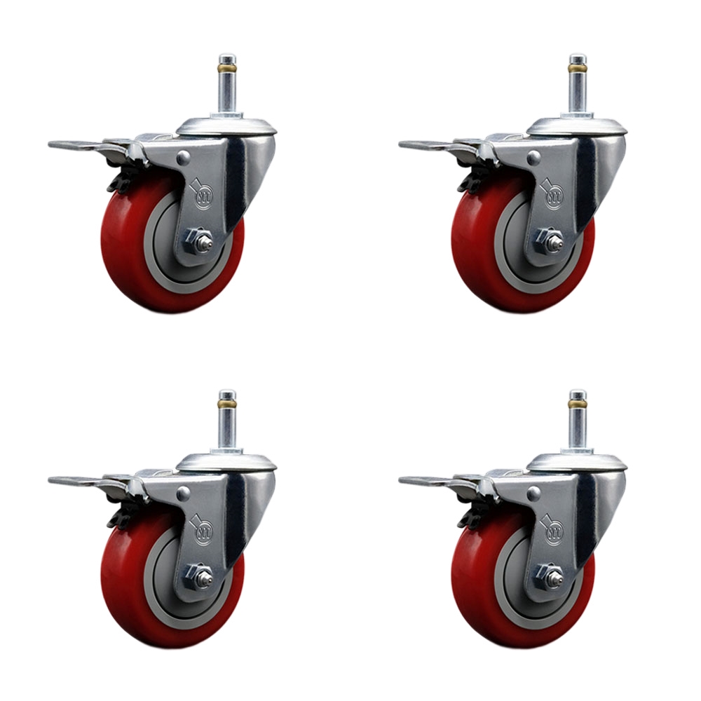 Polyurethane Swivel Grip Ring Stem Caster Set of 4 w/3.5" x 1.25" Red Wheels and 7/16" Stems - Includes 4 with Total Lock Brakes - 1200 lbs Total Capacity - Service Caster Brand — photo 1