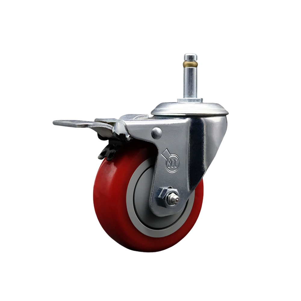Polyurethane Swivel Grip Ring Stem Caster w/3.5" x 1.25"  Red Wheel and 7/16" Stem & Total Locking Brake - 300 lbs Capacity/Caster - Service Caster Brand — photo 1