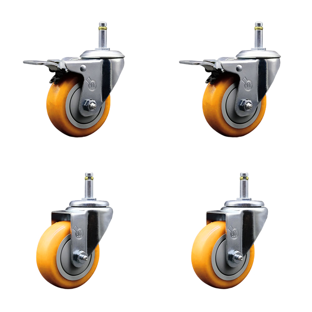 Polyurethane Swivel Grip Ring Stem Caster Set of 4 w/3.5" x 1.25"  Yellow Wheels and 7/16" Stems - Includes 2 with Total Locking Brake - 1200 lbs Total Capacity - Service Caster Brand — photo 1