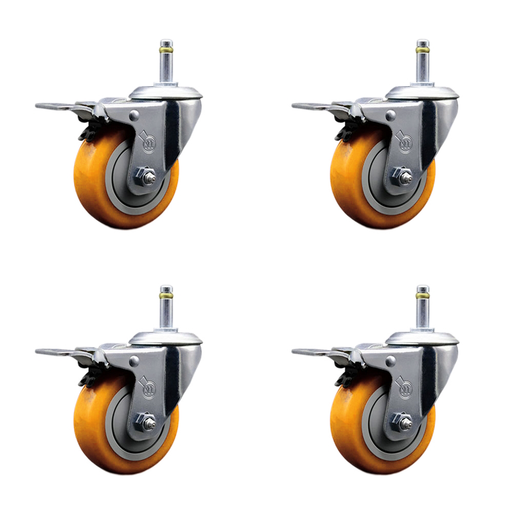 Polyurethane Swivel Grip Ring Stem Caster Set of 4 w/3.5" x 1.25" Yellow Wheels and 7/16" Stems - Includes 4 with Total Lock Brakes - 1200 lbs Total Capacity - Service Caster Brand — photo 1