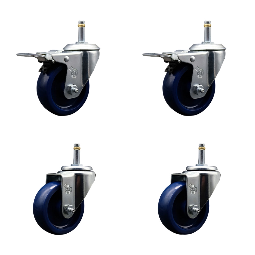 Solid Polyurethane Swivel Grip Ring Stem Caster Set of 4 w/3.5" x 1.25" Blue Wheels and 7/16" Stems - Includes 2 with Total Locking Brake - 1200 lbs Total Capacity - Service Caster Brand — photo 1