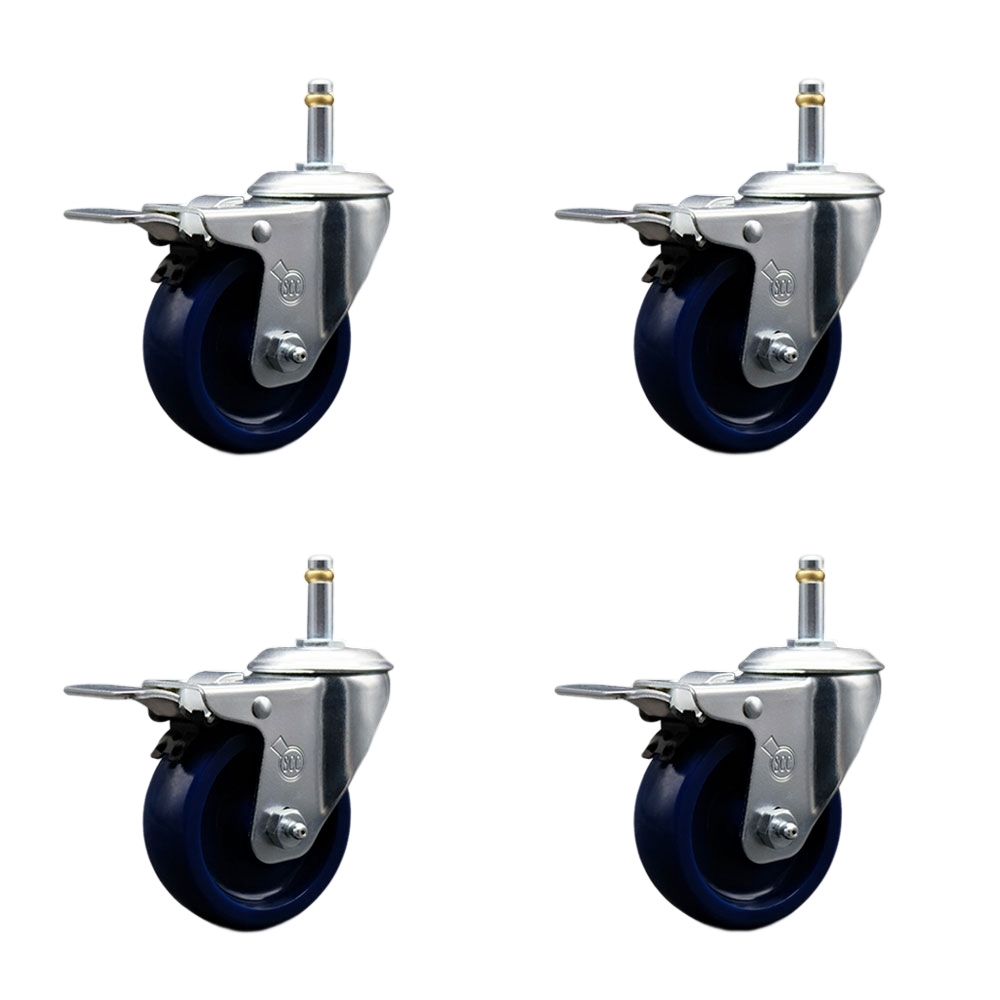 Solid Polyurethane Swivel Grip Ring Stem Caster Set of 4 w/3.5" x 1.25" Blue Wheels and 7/16" Stems - Includes 4 with Total Lock Brakes - 1200 lbs Total Capacity - Service Caster Brand — photo 1
