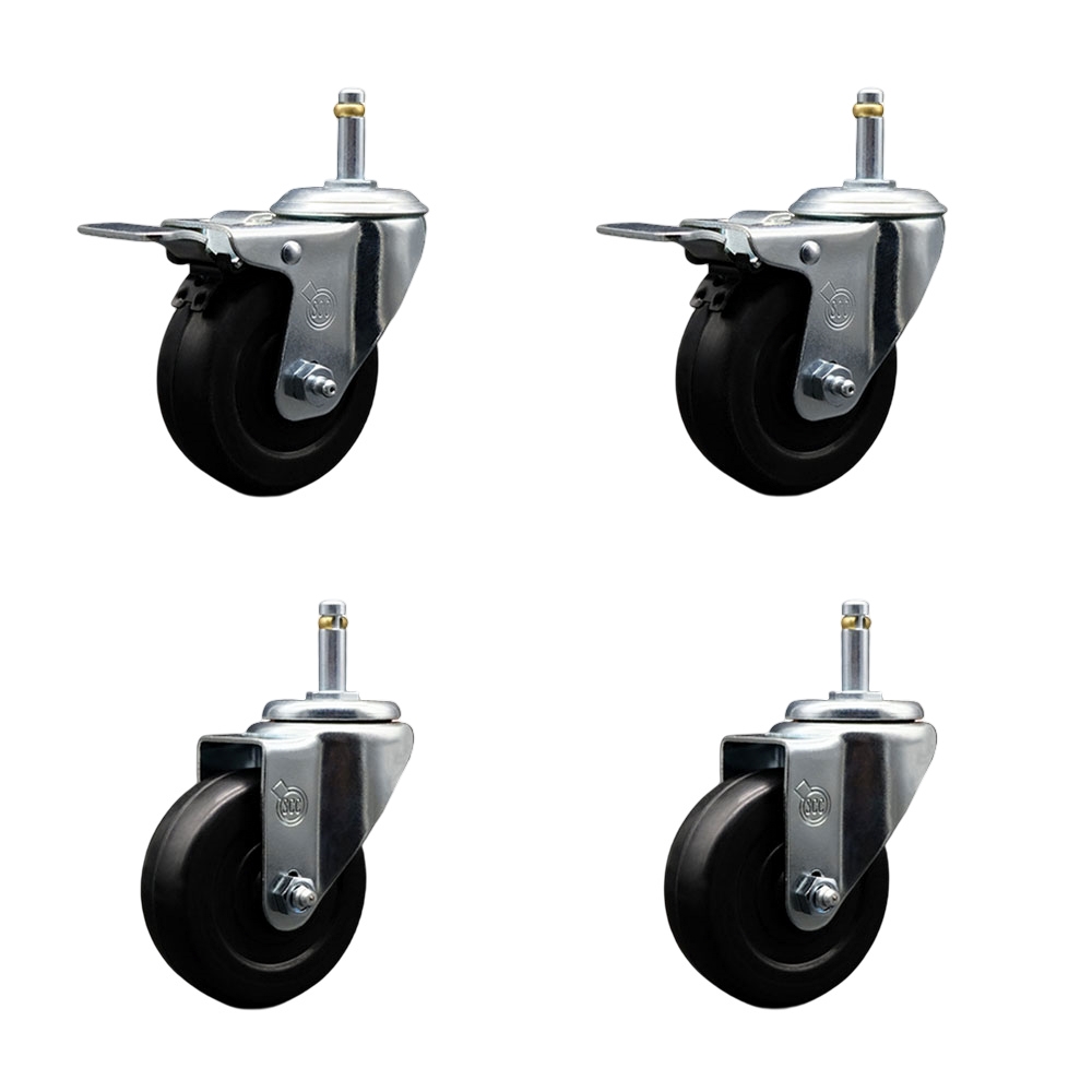 Soft Rubber Swivel Grip Ring Stem Caster Set of 4 w/3.5" x 1.25" Black Wheels and 7/16" Stems - Includes 2 with Total Locking Brake - 800 lbs Total Capacity - Service Caster Brand — photo 1