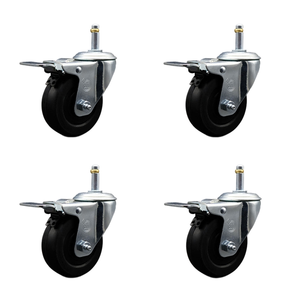 Soft Rubber Swivel Grip Ring Stem Caster Set of 4 w/3.5" x 1.25" Black Wheels and 7/16" Stems - Includes 4 with Total Lock Brakes - 800 lbs Total Capacity - Service Caster Brand — photo 1