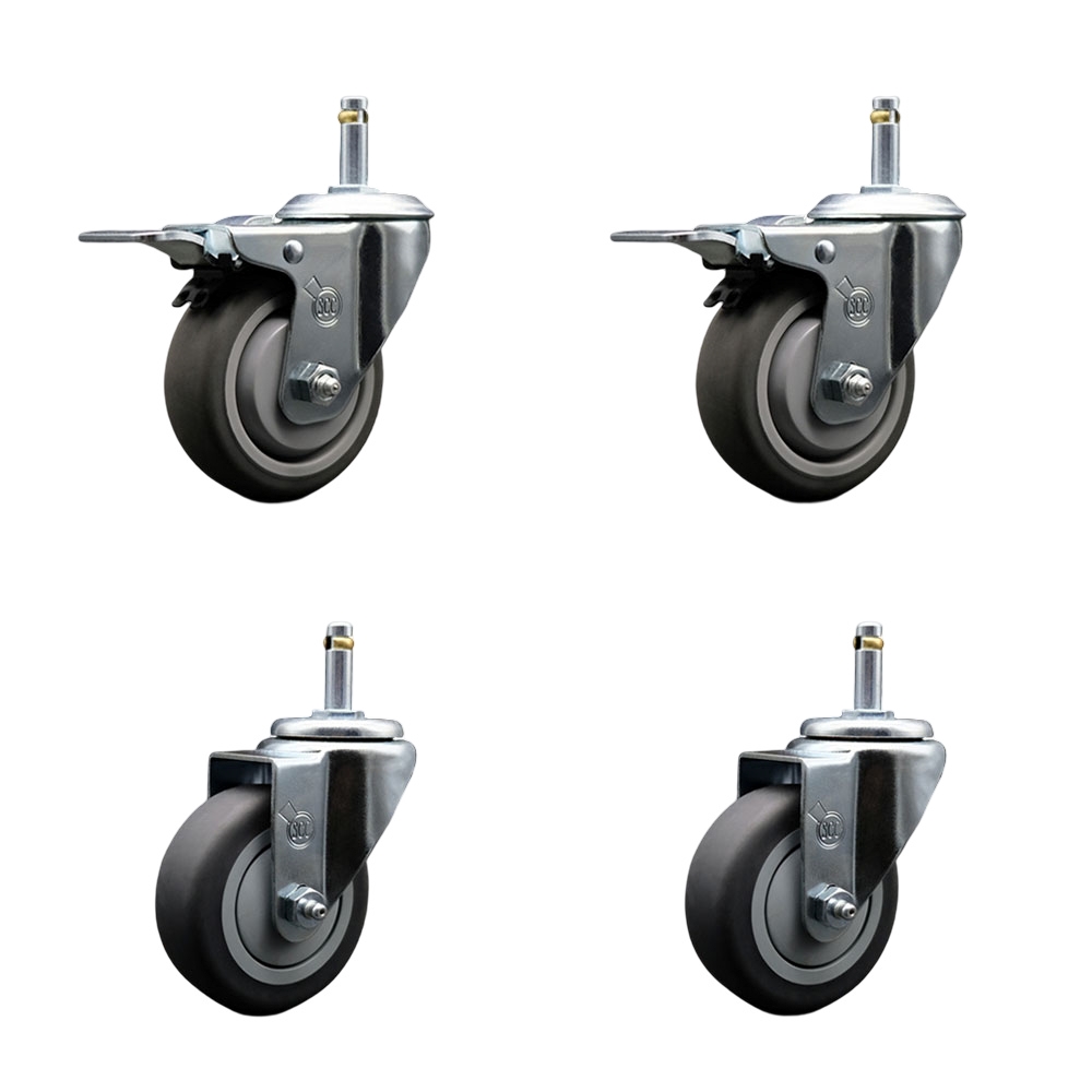 Thermoplastic Rubber Swivel Grip Ring Stem Caster Set of 4 - 3.5" x 1.25" Gray Wheels and 7/16" Stems - Includes 2 with Total Locking Brake - 920 lbs Total Capacity - Service Caster Brand — photo 1