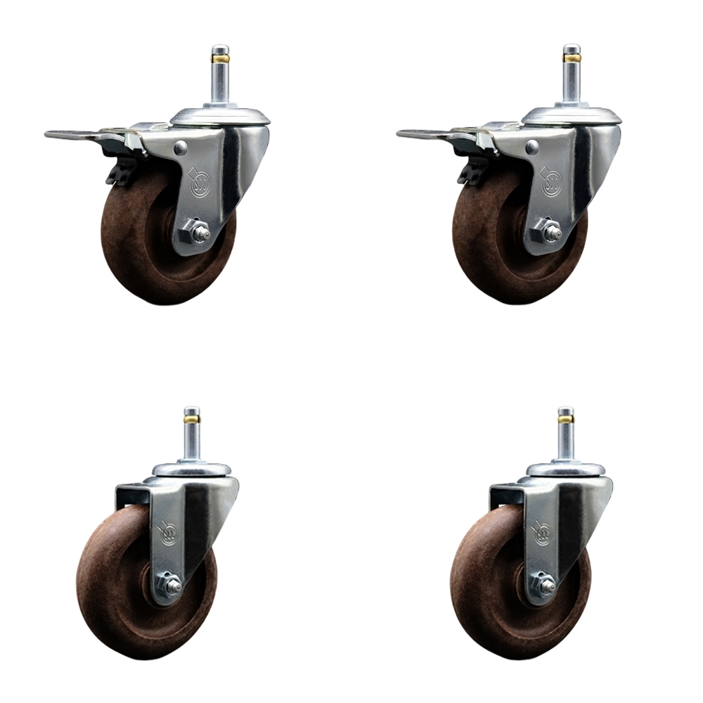 High Temp Glass Filled Nylon Swivel Grip Ring Stem Caster Set of 4 w/4" x 1.25" Brown Wheels and 7/16" Stems - Includes 2 with Total Locking Brake - 1400 lbs Total Capacity - Service Caster Brand — photo 1