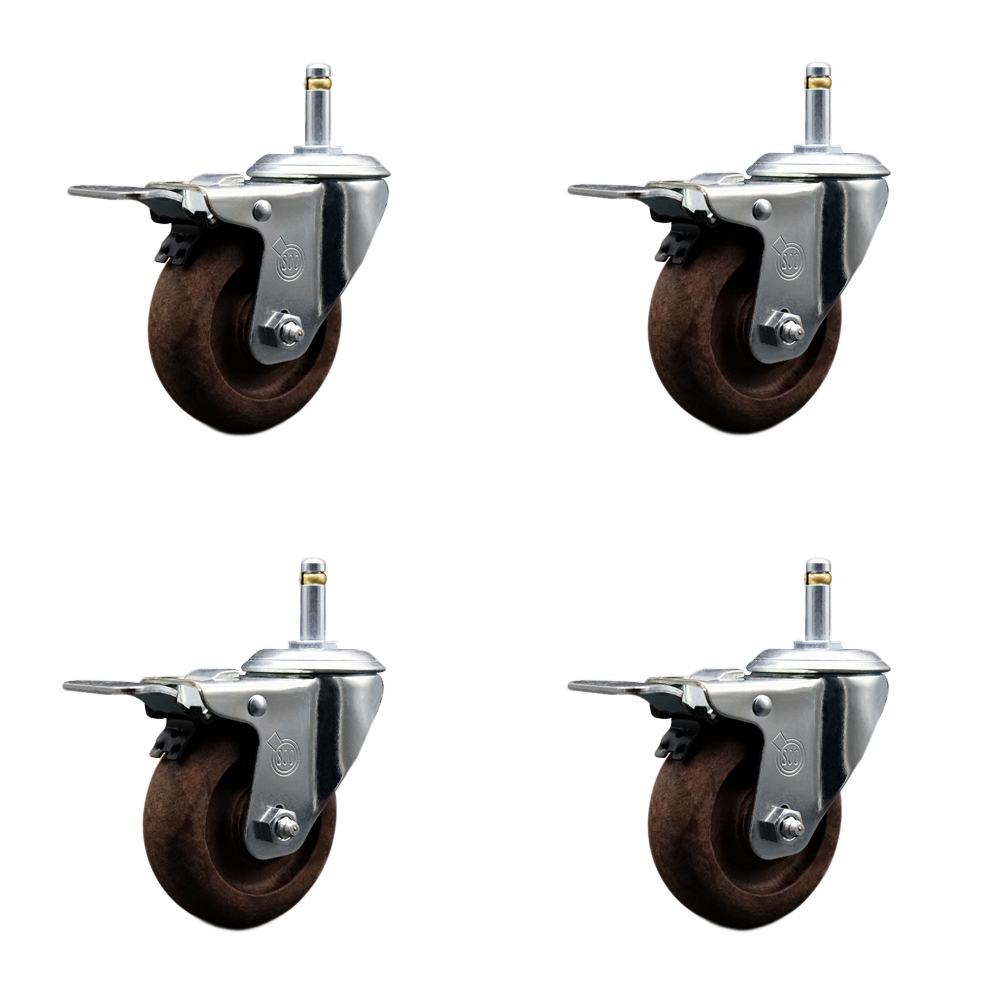 High Temp Glass Filled Nylon Swivel Grip Ring Stem Caster Set of 4 w/4" x 1.25" Brown Wheels and 7/16" Stems - Includes 4 with Total Lock Brakes - 1400 lbs Total Capacity - Service Caster Brand — photo 1