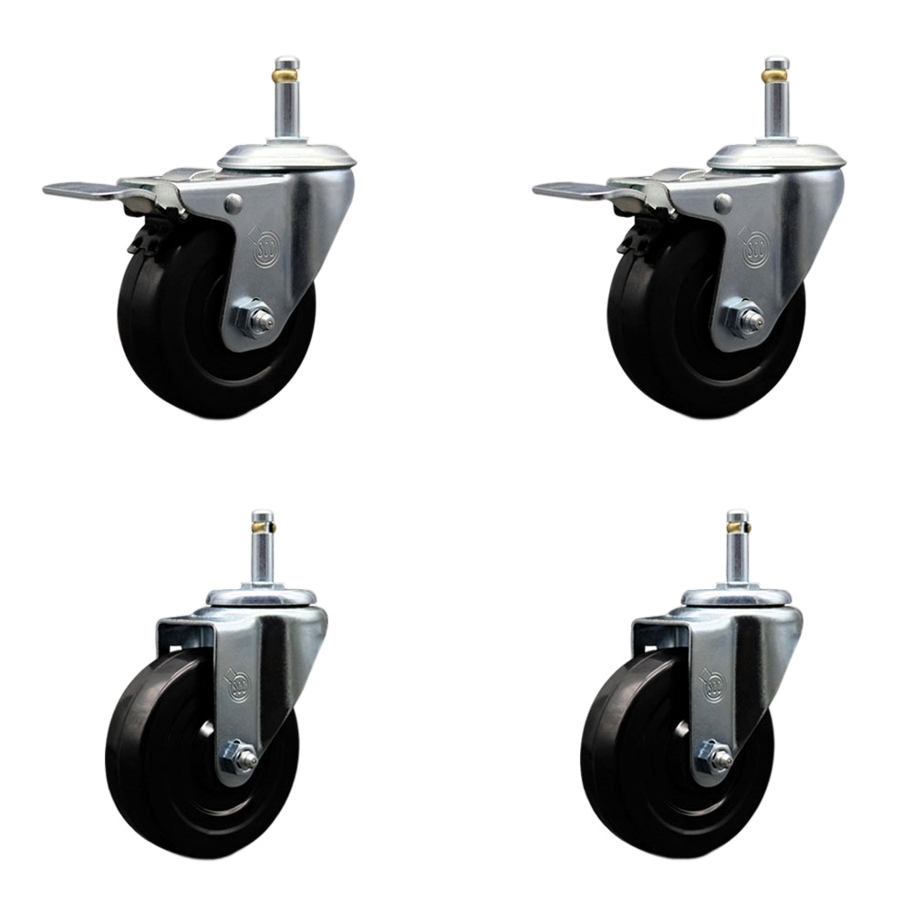 Hard Rubber Swivel Grip Ring Stem Caster Set of 4 w/4" x 1.25" Black Wheels and 7/16" Stems - Includes 2 with Total Locking Brake - 1200 lbs Total Capacity - Service Caster Brand — photo 1