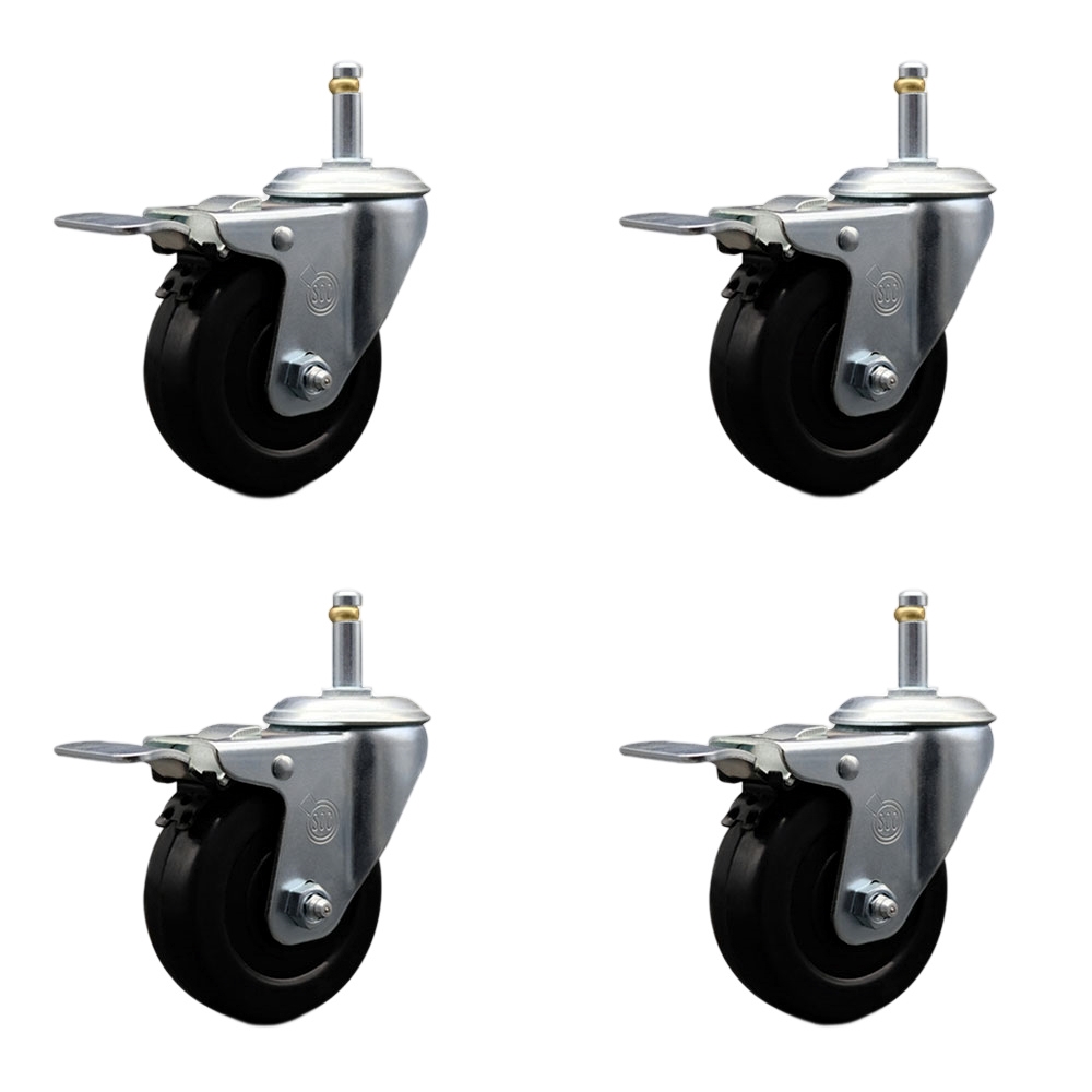 Hard Rubber Swivel Grip Ring Stem Caster Set of 4 w/4" x 1.25" Black Wheels and 7/16" Stems - Includes 4 with Total Lock Brakes - 1200 lbs Total Capacity - Service Caster Brand — photo 1