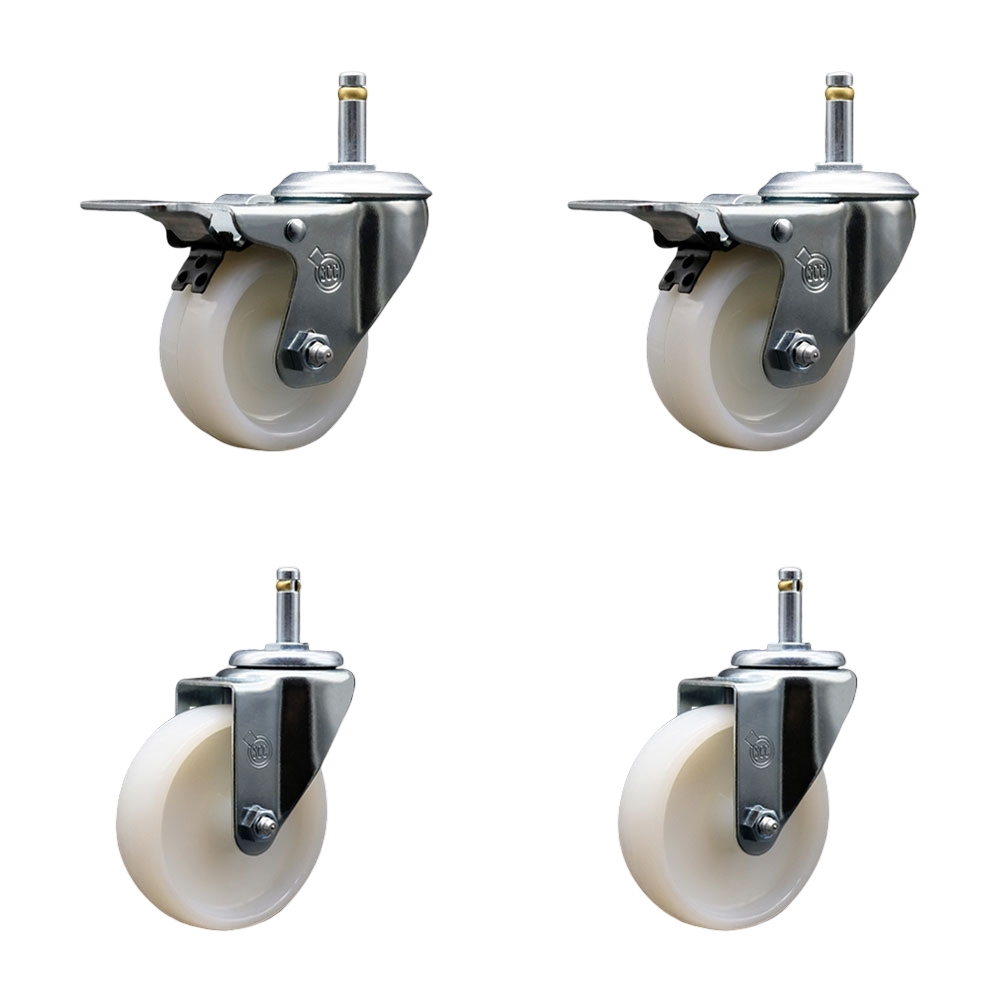 Nylon Swivel Grip Ring Stem Caster Set of 4 w/4" x 1.25" White Wheels and 7/16" Stems - Includes 2 with Total Locking Brake - 1200 lbs Total Capacity - Service Caster Brand — photo 1