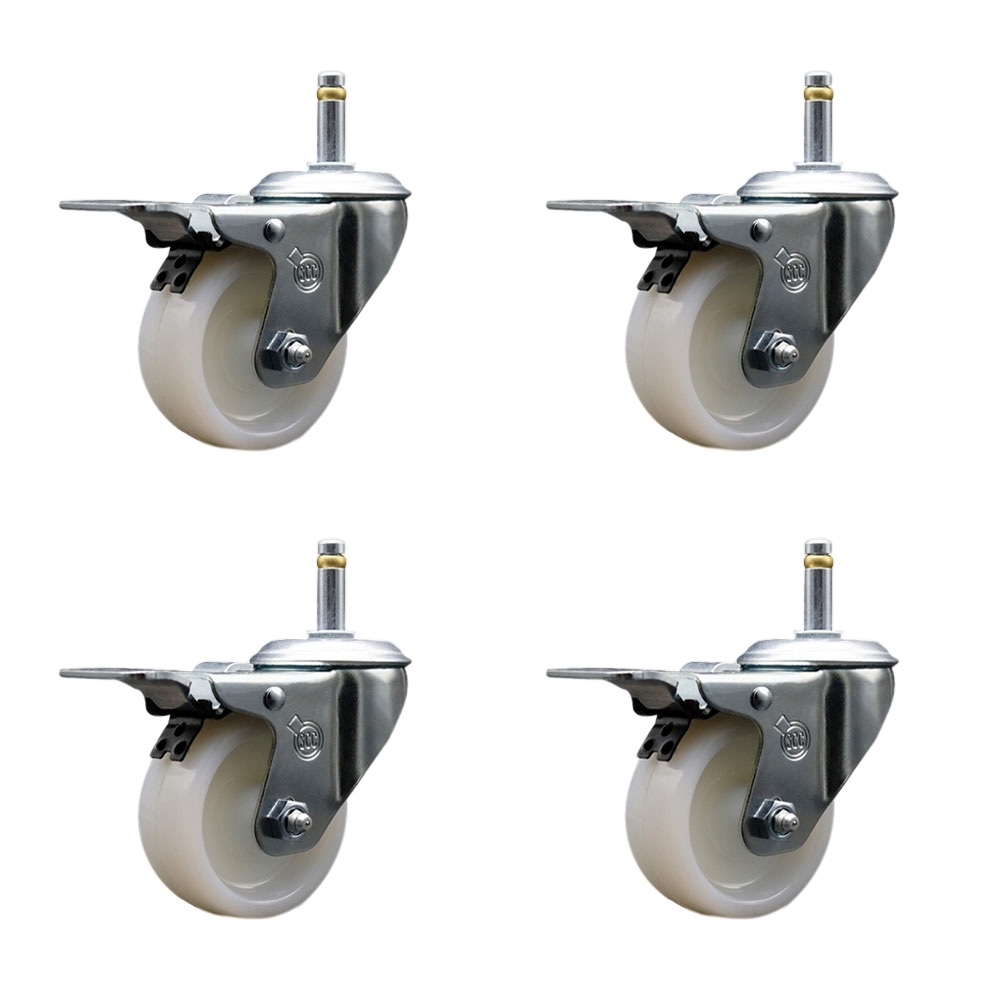 Nylon Swivel Grip Ring Stem Caster Set of 4 w/4" x 1.25" White Wheels and 7/16" Stems - Includes 4 with Total Lock Brakes - 1200 lbs Total Capacity - Service Caster Brand — photo 1