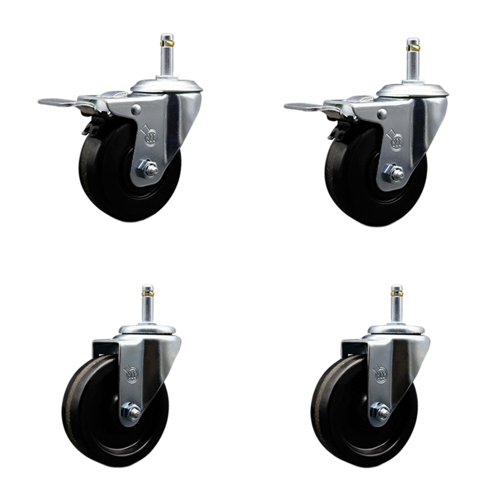 Phenolic Swivel Grip Ring Stem Caster Set of 4 w/Roller Bearing - 4" x 1.25" Black Wheels and 7/16" Stems - Includes 2 with Total Locking Brake - 1200 lbs Total Capacity - Service Caster Brand — photo 1