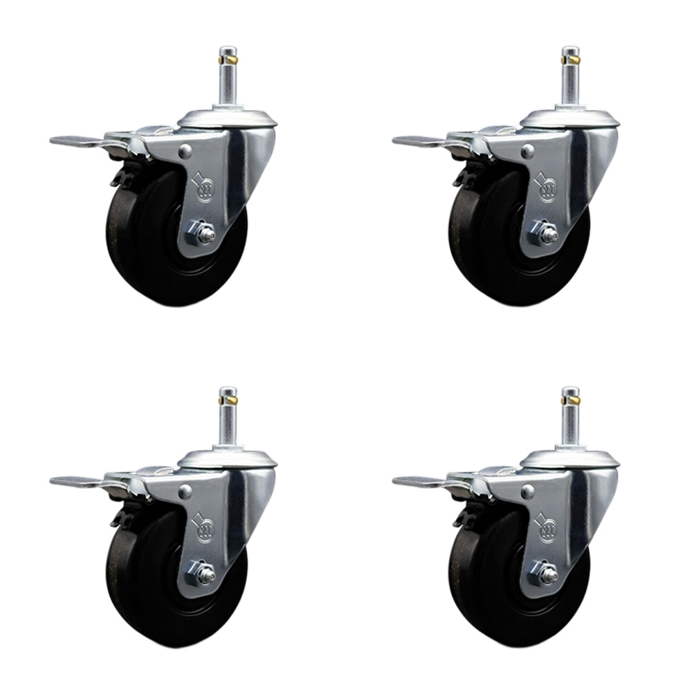 Phenolic Swivel Grip Ring Stem Caster Set of 4 w/4" x 1.25" Black Wheels and 7/16" Stems - Includes 4 with Total Lock Brakes - 1200 lbs Total Capacity - Service Caster Brand — photo 1