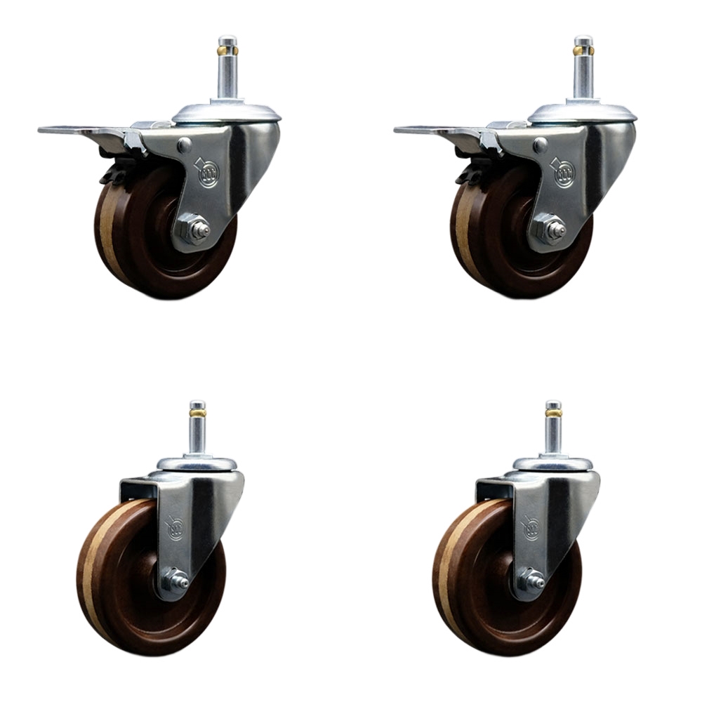High Temperature Phenolic Swivel Grip Ring Stem Caster Set 4 w/Roller Bearing - 4" x 1.25" Brown Wheels and 7/16" Stems-Includes 2 with Total Locking Brake- 1200lbs Total Capacity-Service Caster Brand — photo 1