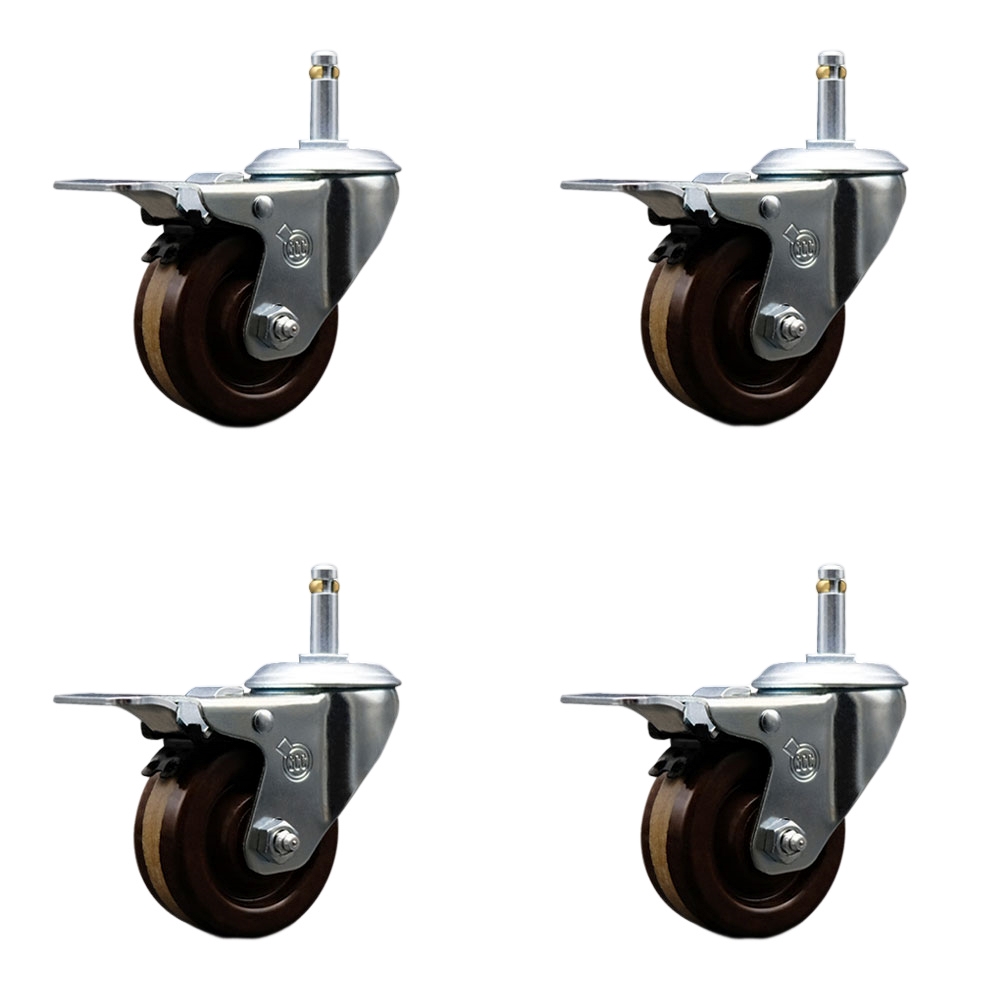 High Temperature Phenolic Swivel Grip Ring Stem Caster Set of 4 w/4" x 1.25" Brown Wheels and 7/16" Stems - Includes 4 with Total Lock Brakes - 1200 lbs Total Capacity - Service Caster Brand — photo 1
