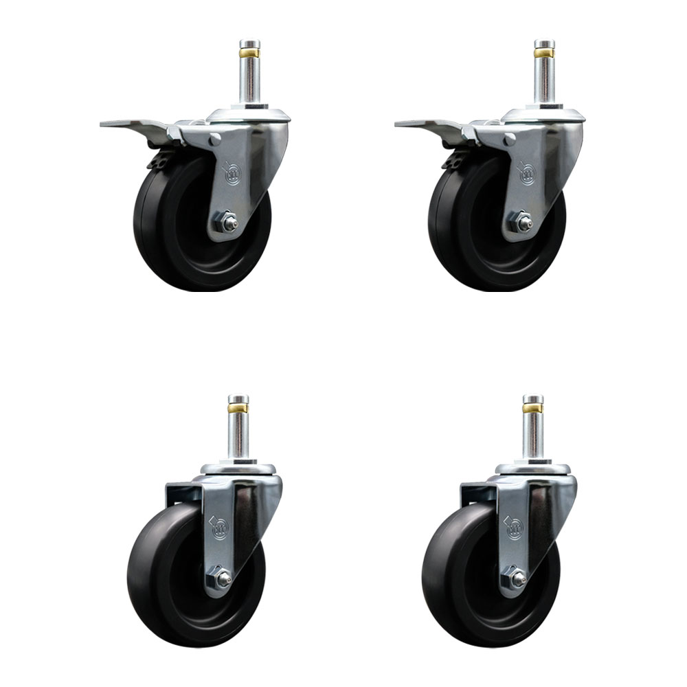 Polyolefin Swivel Grip Ring Stem Caster Wheels Set of 4 with 4 Inch Black Wheels and 7/16" Stems - Includes 2 with Total Lock Brakes - 1400 lbs. Total Capacity - Service Caster Brand — photo 1