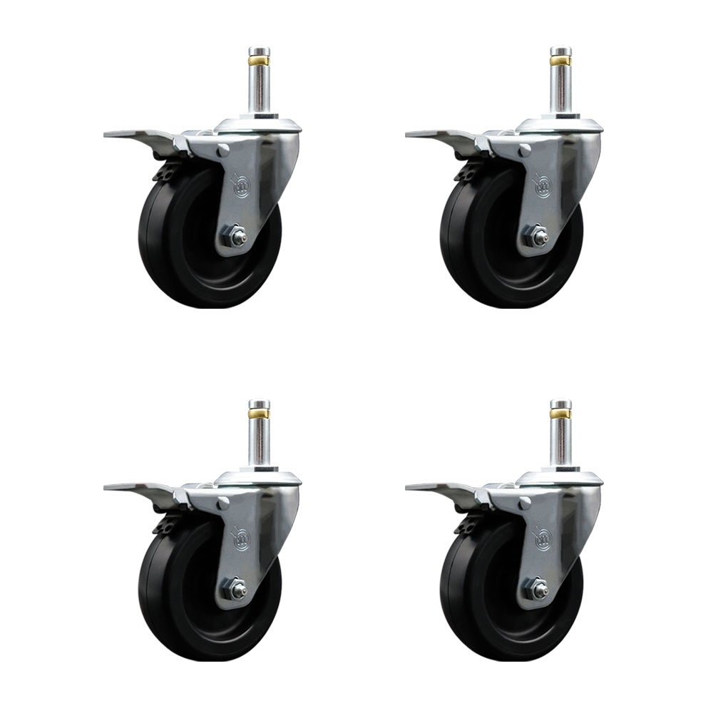 Polyolefin Swivel Grip Ring Stem Caster Wheels Set of 4 with 4 Inch Black Wheels and 7/16" Stems - Includes 4 with Total Lock Brakes - 1400 lbs. Total Capacity - Service Caster Brand — photo 1