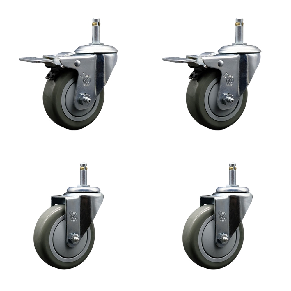 Polyurethane Swivel Grip Ring Stem Caster Set of 4 w/4" x 1.25"  Gray Wheels and 7/16" Stems - Includes 2 with Total Locking Brake - 1400 lbs Total Capacity - Service Caster Brand — photo 1