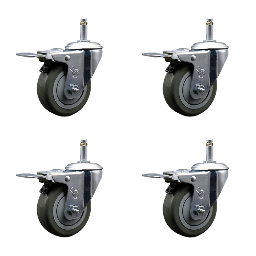 Polyurethane Swivel Grip Ring Stem Caster Set of 4 w/4" x 1.25" Gray Wheels and 7/16" Stems - Includes 4 with Total Lock Brakes - 1400 lbs Total Capacity - Service Caster Brand — photo 1